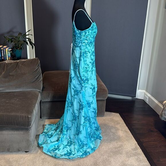 Women’s Blue Mermaid Fit Prom Party Dress Sparkly Sequins Leg Slit Size 12 - Picture 7 of 12